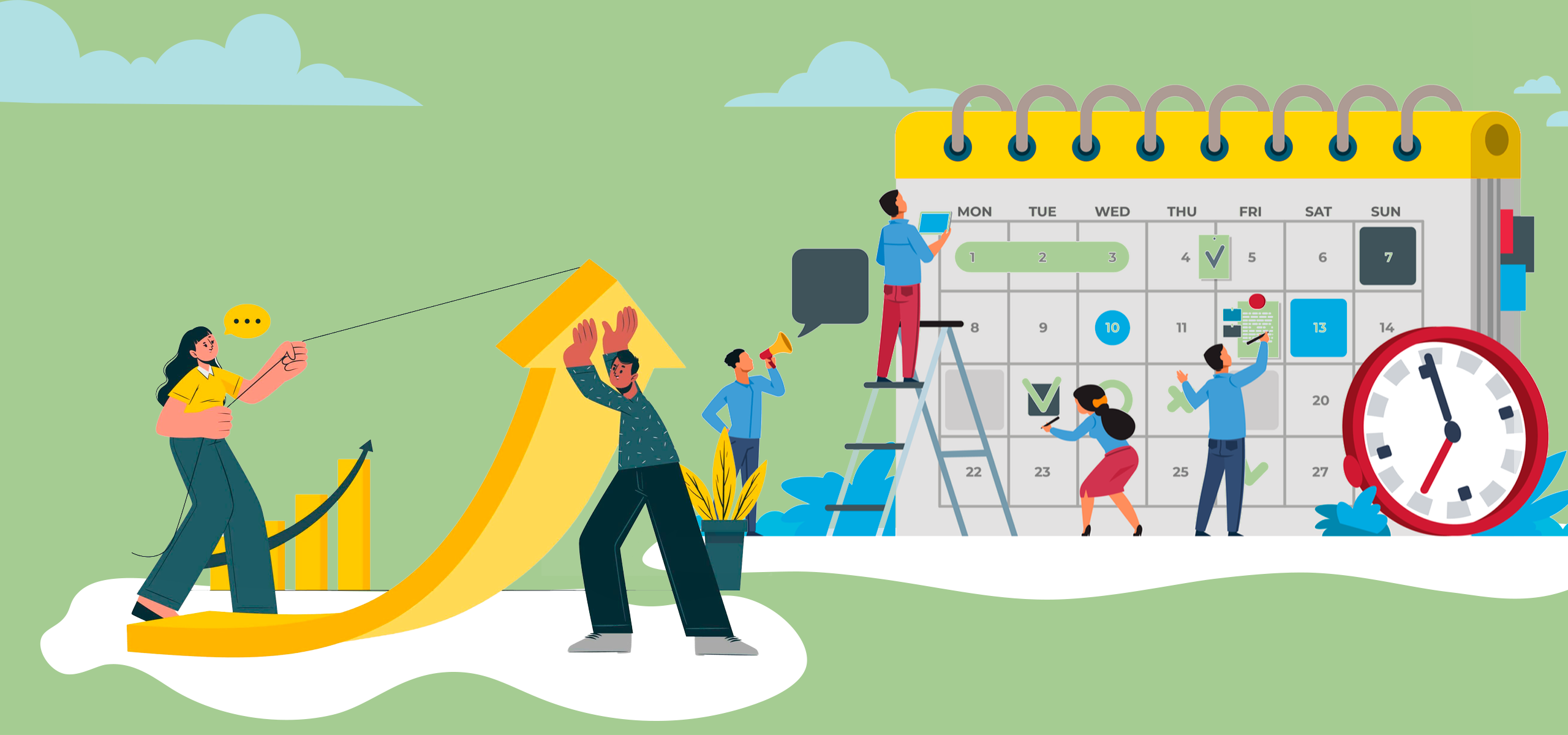 Ilustração de fundo verde musgo com avatares trabalhando no calendário e um dupla a frente segurando um seta pra cima
