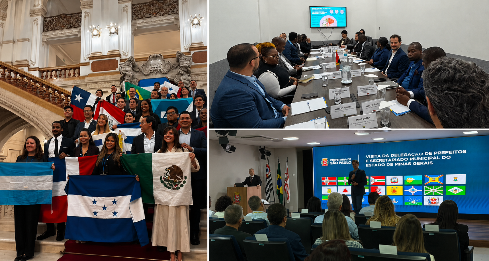 #ParaTodosVerem: Montagem com três fotografias que registram momentos de visitas institucionais realizadas pela Prefeitura de São Paulo. À esquerda, integrantes de uma delegação internacional posam na escadaria do Theatro Municipal de São Paulo, segurando bandeiras de diferentes países, representando a diversidade das nações participantes. No canto superior direito, uma delegação vinda de Angola participa de uma reunião técnica, com representantes reunidos ao redor de uma mesa durante uma apresentação. No canto inferior direito, autoridades e convidados acompanham uma palestra em um auditório, com um grande telão exibindo informações sobre a visita da delegação de prefeitos e do secretariado municipal do estado de Minas Gerais. As imagens destacam o intercâmbio de experiências, o fortalecimento da cooperação institucional e a troca de boas práticas entre gestores públicos do Brasil e do exterior.