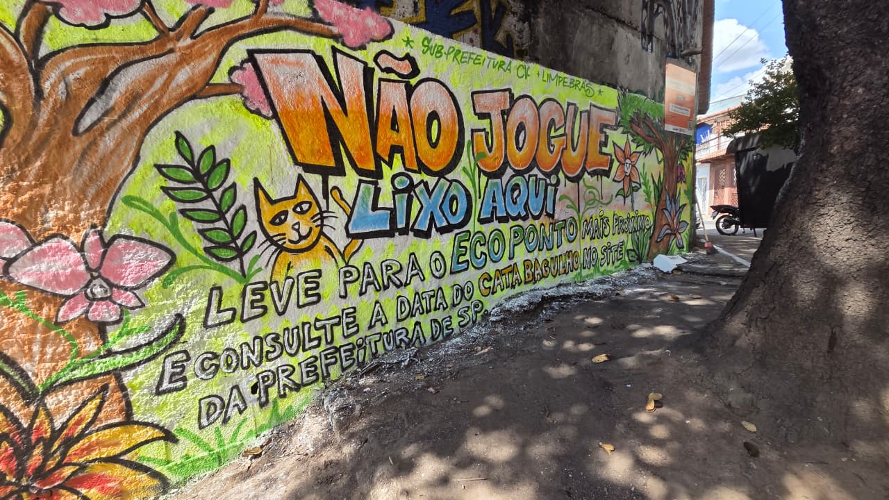 A imagem mostra um mural colorido. No centro, há uma mensagem grande em letras destacadas: “NÃO JOGUE LIXO AQUI”, pintada em tons de laranja, azul e branco. Ao redor do texto, há desenhos feitos à mão com estilo simples e alegre: flores grandes em rosa e amarelo, folhas verdes, uma árvore com tronco marrom e copa rosada, e um gato amarelo com expressão amigável. O fundo é claro, com várias cores vibrantes espalhadas, dando um aspecto artístico e comunitário. Abaixo da frase principal, há mais texto orientando as pessoas a levarem o lixo a um “ecoponto” e a consultarem informações sobre coleta no site da prefeitura de São Paulo. À direita da imagem, vê-se a continuação da rua: uma calçada com sombra de árvore, folhas caídas no chão, um tronco de árvore em primeiro plano e algumas casas simples ao fundo. A cena é iluminada pela luz do dia, com sombras indicando sol forte.