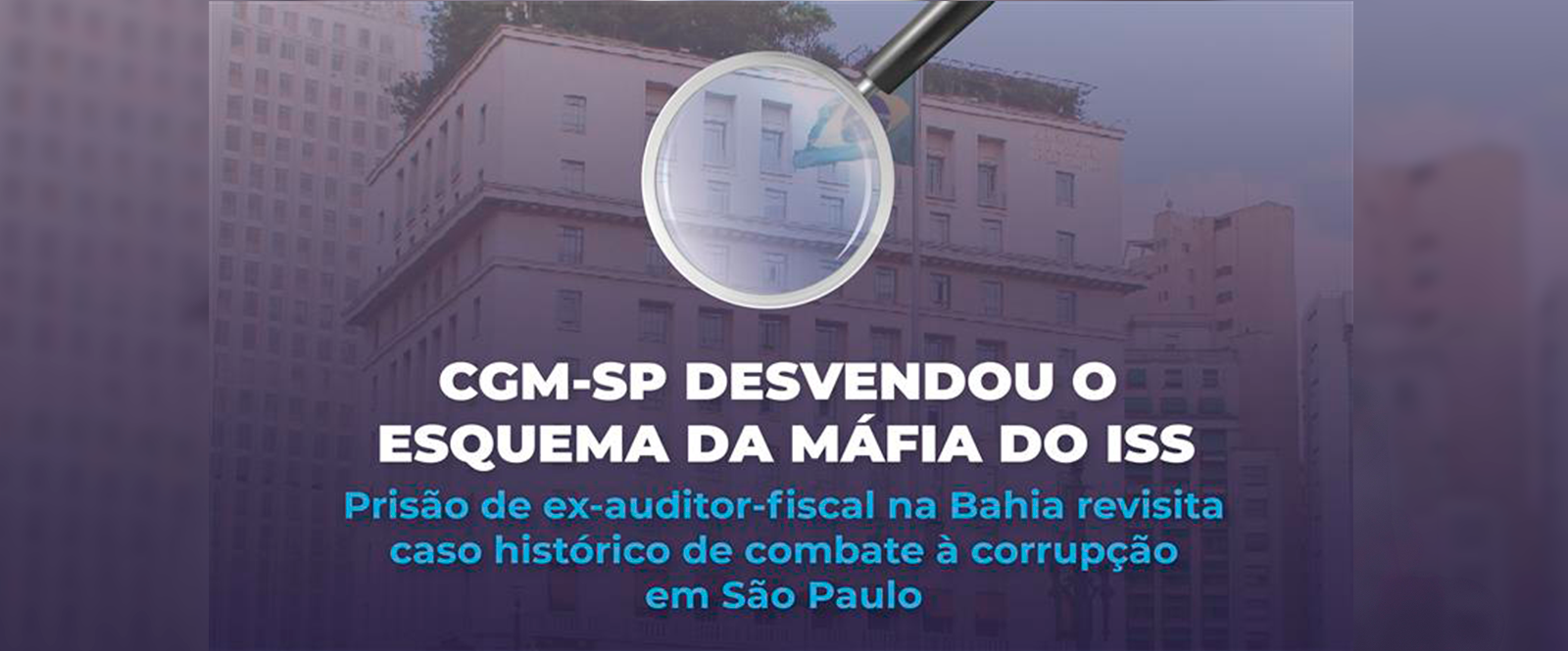 banner de tonalidade azul escuro com uma lupa e a frase escrito de branco 