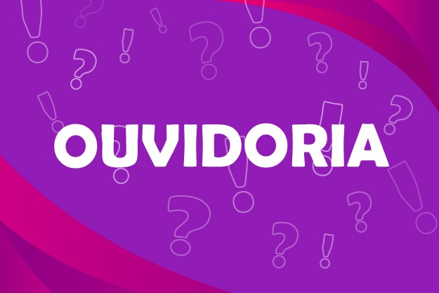 Na imagem, arte com a escrita ouvidoria e a cor roxa predominante.