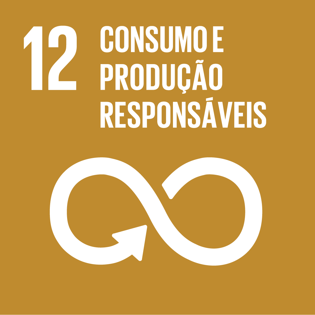 A imagem mostra o ícone da ODS 12 “consumo e produção responsável”, representada por um ícone laranja, com o desenho de uma seta formando o símbolo do infinito