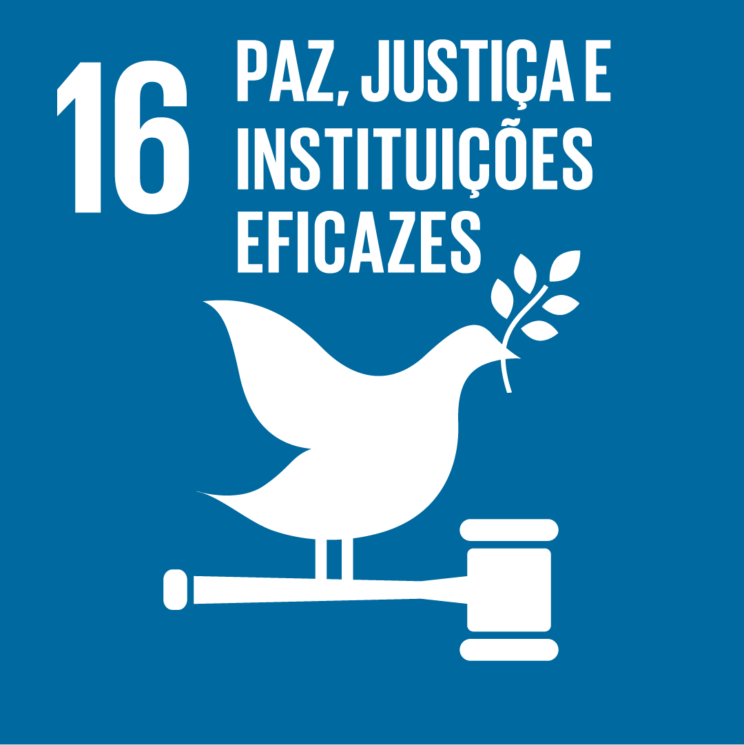 A imagem mostra o ícone da ODS 16 "paz, justiça e instituições eficazes", representada por um ícone azul escuro, com o desenho de uma pomba segurando um ramo em seu bico, em cima de um martelo de juiz