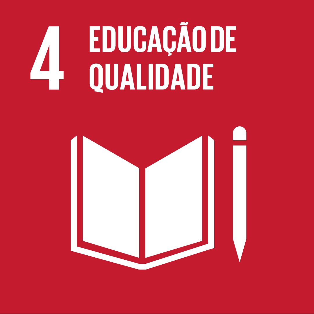 A imagem mostra o ícone da ODS 4 “educação de qualidade”, representada por um ícone vermelho, com o desenho branco de um caderno e uma caneta.