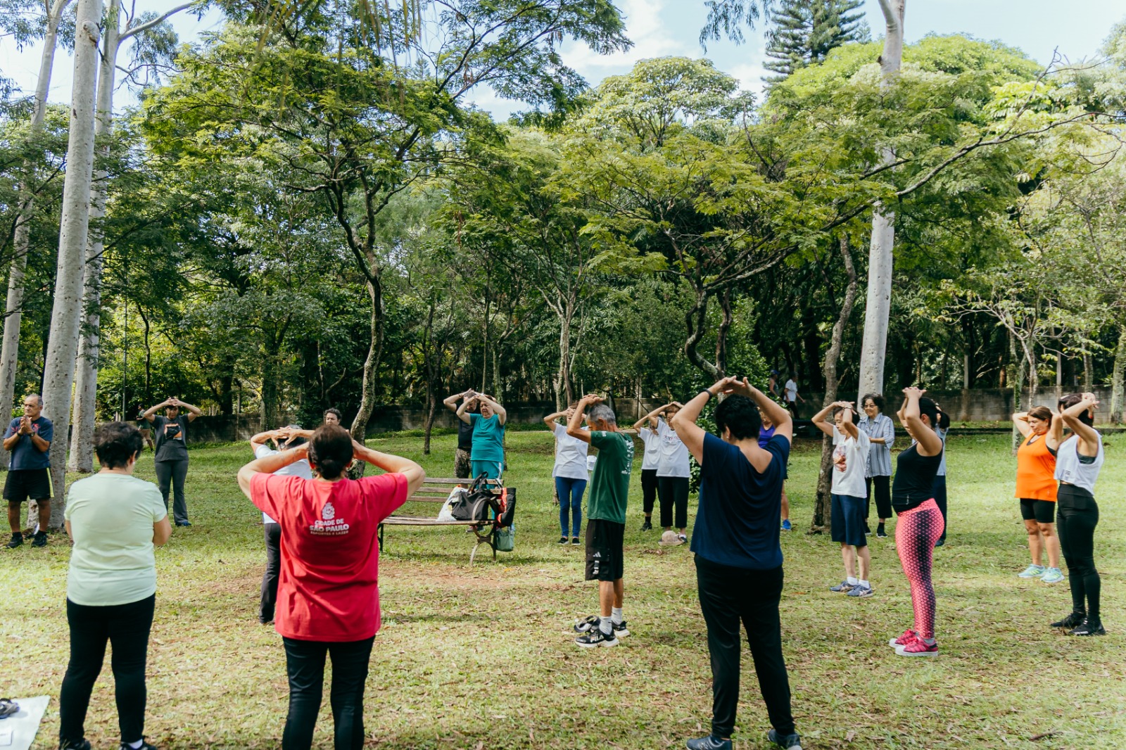 Em uma área verde, um grupo de cerca de 15 pessoas participa de uma atividade de alongamento ao ar livre. As pessoas estão espalhadas pelo gramado, entre árvores, e fazem movimentos com os braços elevados e as mãos apoiadas sobre a cabeça. Ao fundo, há vegetação e um muro. A atividade acontece em um parque, em um dia claro.