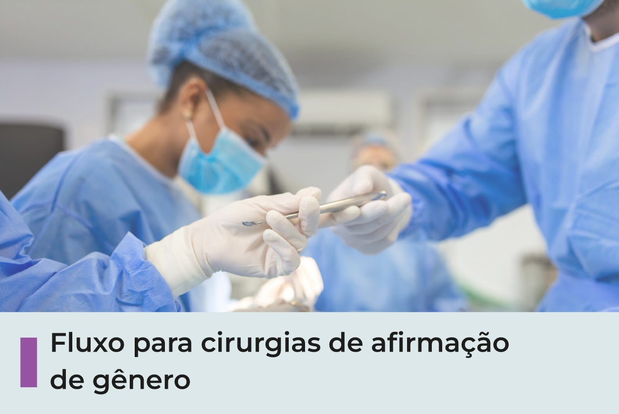 A imagem mostra profissionais de saúde vestindo um avental cirúrgico azul claro, mãos com luvas segurando bisturi, com texto 