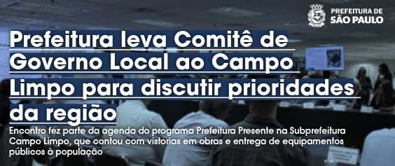 Banner horizontal com fundo fotográfico levemente escurecido, mostrando pessoas sentadas de costas e de perfil ao redor de uma mesa em uma sala de reuniões. No canto superior direito, o logotipo da Prefeitura de São Paulo. Sobreposto à imagem, à esquerda, o título em letras grandes, brancas e sublinhadas: 
